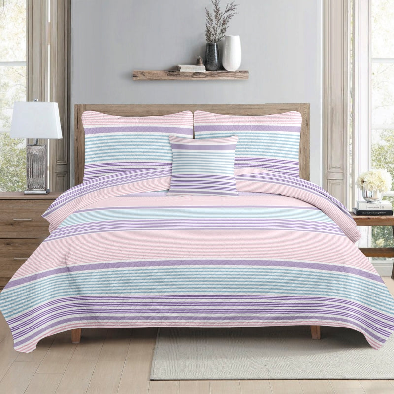 stripe print microfiber ultrasonic 4 pieces quilt set, wholesale at affordable price, various size and pattern