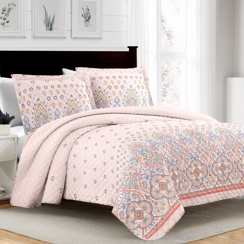 boho floral print 3 pcs quilt set with shams, queen/king size