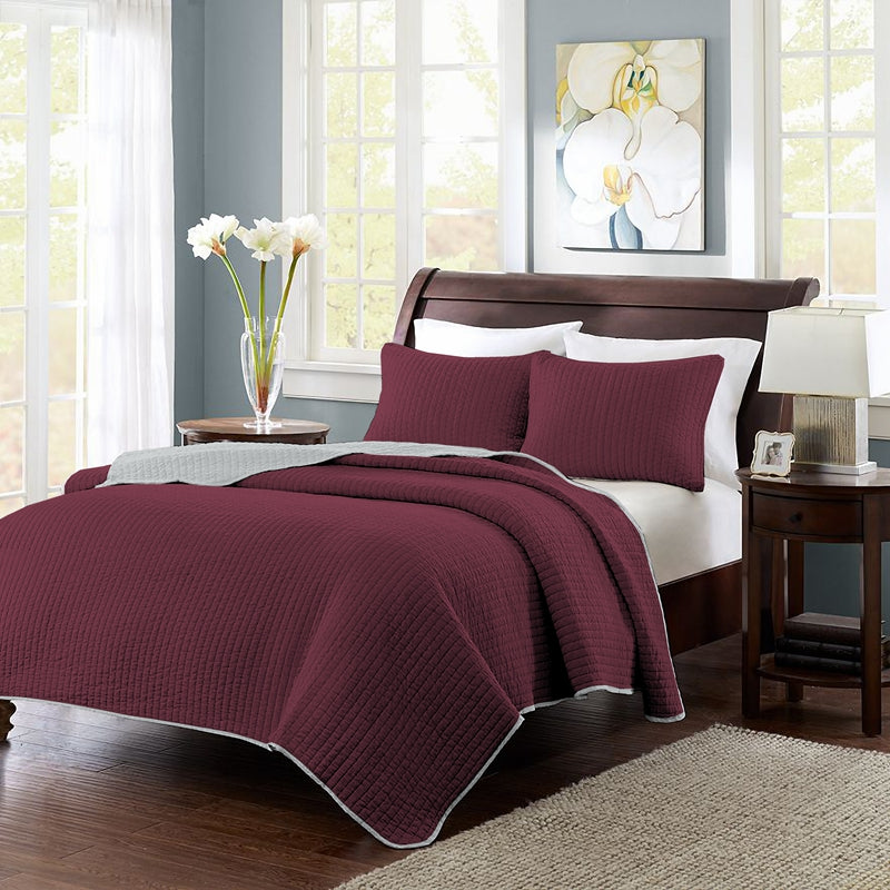 solid bedding quilt set twin/full/queen/king size burgundy bedspread, soft microfiber lightweight cover let, 3 piece includes 1 quilt and 2 shams