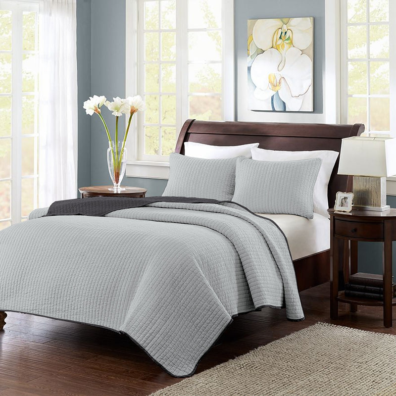 solid bedding quilt set twin/full/queen/king size grey bedspread, soft microfiber lightweight cover let, 3 piece includes 1 quilt and 2 shams